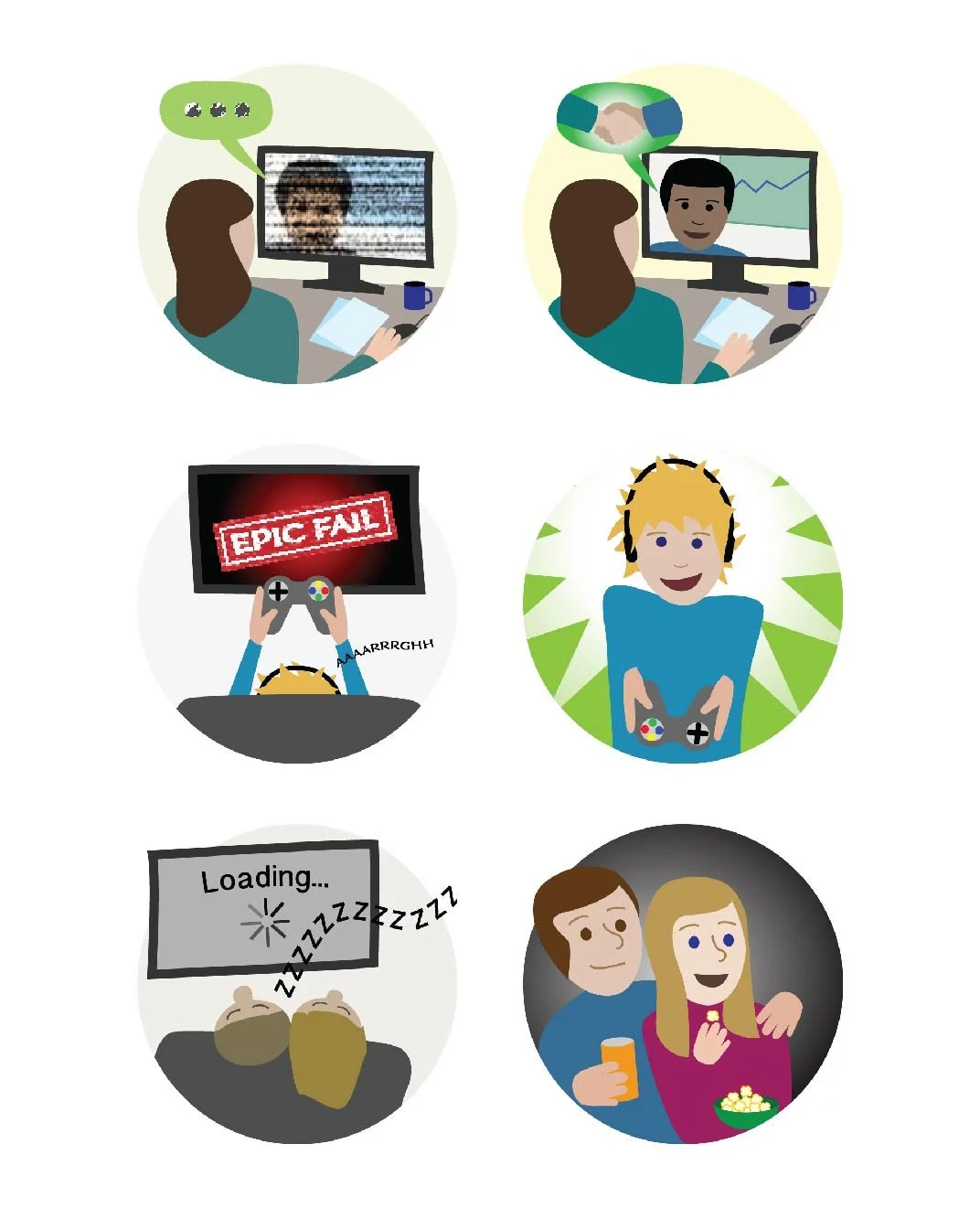 Before-and-after drawings of conferencing, gaming and streaming issues